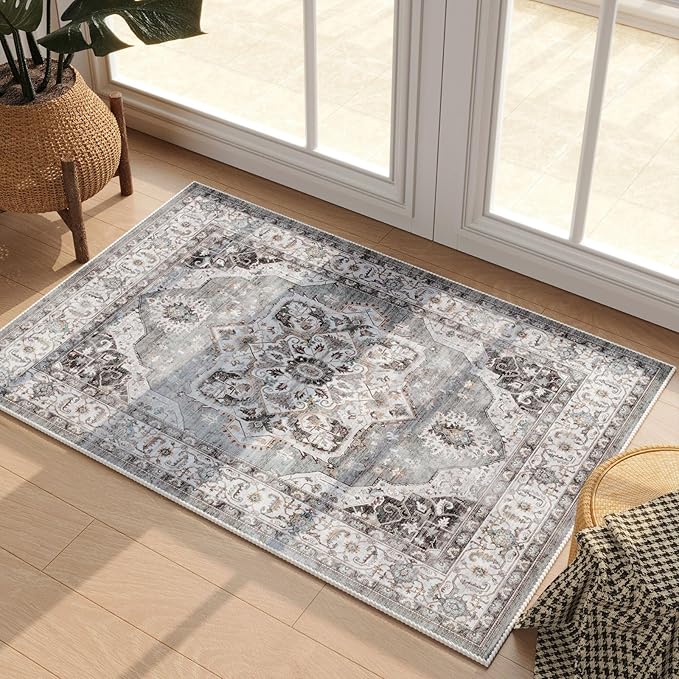 Rugcomf Vintage Medallion Rugs for Entryway 2'x3' - Door Mat Indoor Entrance, Machine Washable Area Rug, Non-Slip Low Pile Boho Carpet for Kitchen, Front Door, Bedroom, Kids Room - Grey and White