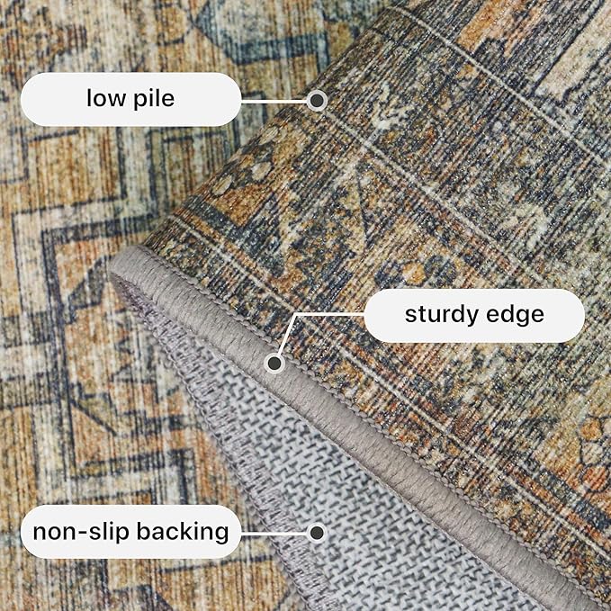 GENIMO 5x7 Area Rugs for Living Room, Machine Washable Non Slip Vintage Rugs, Low Pile Lightweight Chenille Print Rug for Bedroom, Dining Room, Home Office, Warm Taupe