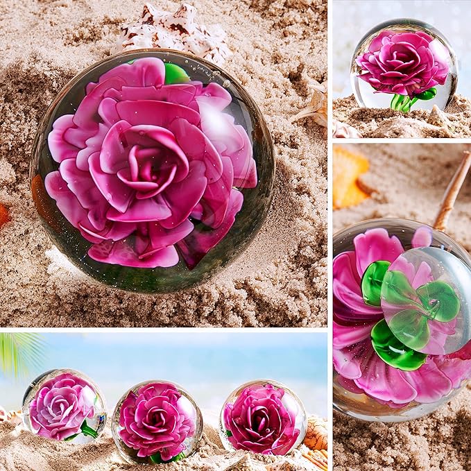 EUSTUMA Hand Blown Glass Flower Paperweight Figurine for Office Desk.Give You A Gift from The Person You Love, The Garden Decoration.(Pink Flowers)