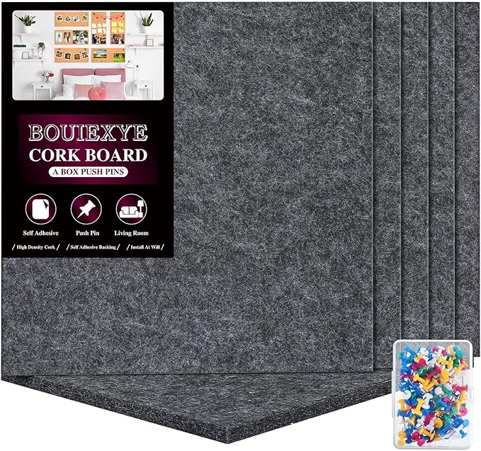 Bouiexye Felt Cork Board Tiles 6 Pack Grey Bulletin Boards 12"x12" - 1/2" Thick Corkboards for Wall Bulletin Board Self Adhesive with 100 Push Pins for Wall School Home Office