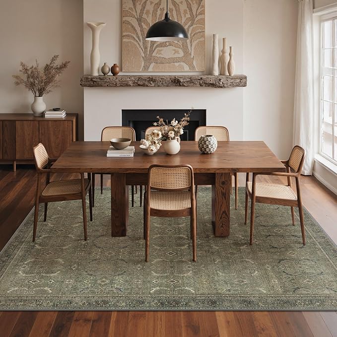 GENIMO 6x9 Area Rugs for Living Room, Machine Washable Non Slip Vintage Rugs, Low Pile Lightweight Chenille Print Rug for Bedroom, Dining Room, Home Office, Muted Green