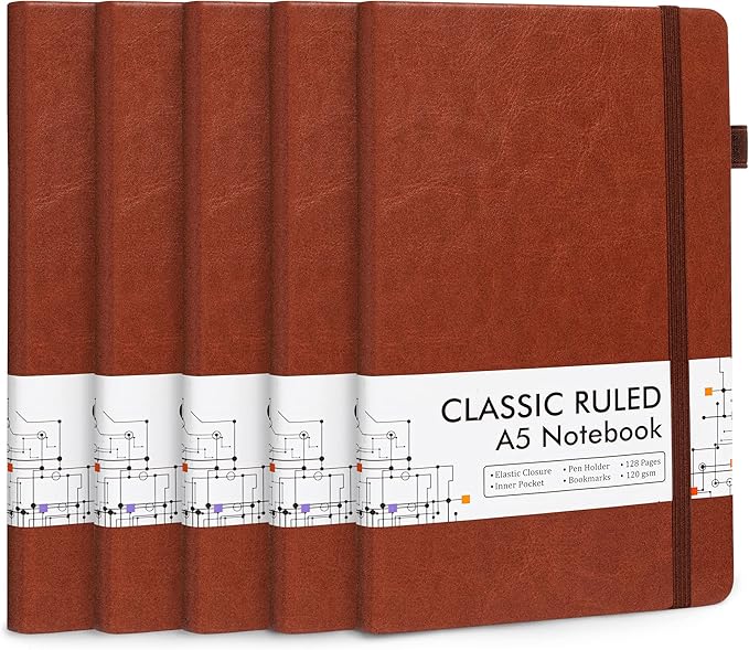 5 Pack Journal Notebook Bulk for School, Feela Hardcover Business Notebooks Classic Ruled Lined Journals with Pen Holder for Work Note Taking, with 5 Black Pens, 120 GSM, 5.1”x8.3”, A5, Brown