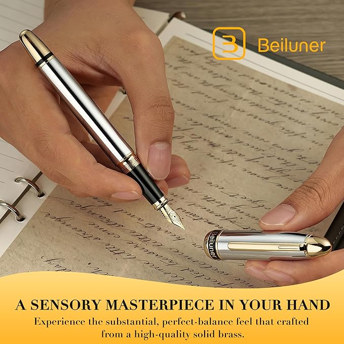 BEILUNER 315 Silver Chrome Fountain Pen,Stunning Luxury Pens with 24K Gold Accents, Gorgeous 24K Gilded Nib(Medium), Ink Converter,Fancy Pen Gift for Men&Women-Elegant, Office, Reliable, Nice Design