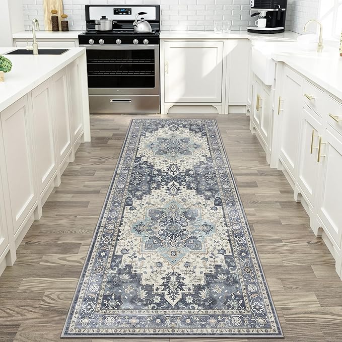 GENIMO 2x10 Runner Rugs for Hallway, Machine Washable Non Slip Vintage Rugs, Low Pile Lightweight Soft Print Rug for enrtyway, Corridor, Home Office, Kitchen, Center Blue