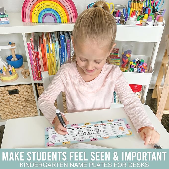 Desk Name Tags for Classroom – 36 Student Name Plates for Classroom Kindergarten, Preschool, 1st, 2nd & 3rd Grade, 14.5 x 4in Teacher Nameplates for Student Desks, Smiley Nametags