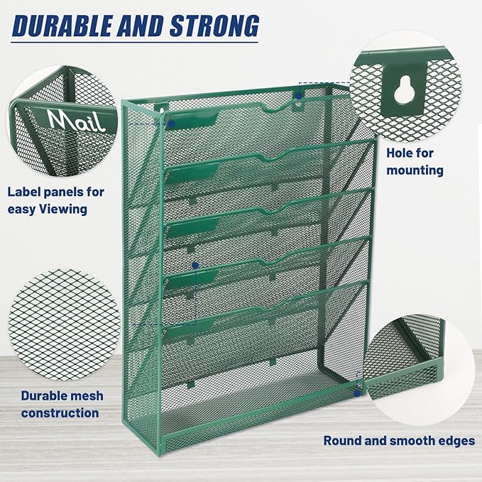EASEPRES 6 Tier Desk File Organizer, Mesh Hanging Wall Mount Document Organization Stand, Desktop Vertical Mail Paper Folder Holder Rack with Bottom Tray for Office Cubicle, Sides Closed, Dark Green