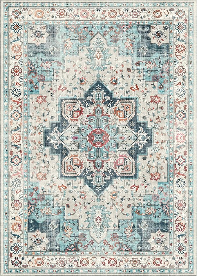 GENIMO 8x10 Area Rugs for Living Room, Machine Washable Non Slip Rugs, Low Pile Lightweight Vintage Print Rug for Bedroom, Dining Room, Home Office, Cyan/White