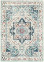 GENIMO 8x10 Area Rugs for Living Room, Machine Washable Non Slip Rugs, Low Pile Lightweight Vintage Print Rug for Bedroom, Dining Room, Home Office, Cyan/White