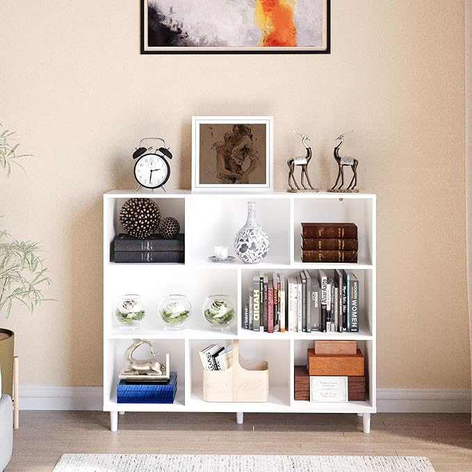 Chyanmoo Wood Cube Storage Organizer White Bookshelf - 3-Tier Freestanding Storage Cabinet with Legs for Home Office, 8-Cubes Open Shelf