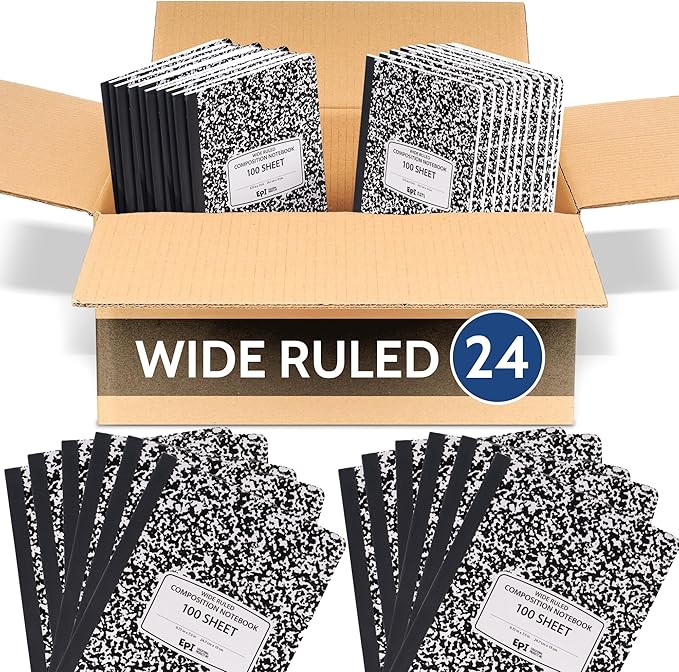 EPI Marble Hardcover Wide Ruled Composition Notebook | 200 Pages (100 Sheets), 9.75 x 7.5 in, Sturdy Sewn Binding | School, Office, Journaling, Notes - 24 Pack