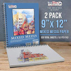 U.S. Art Supply 9"x12" Mixed Media Sketchbook, 2 Pack (60 Sheets), 98 lb (160 GSM) - Spiral-Bound Pad with Perforated Acid-Free Paper - Artist Sketch Book for Drawing, Painting, Watercolor