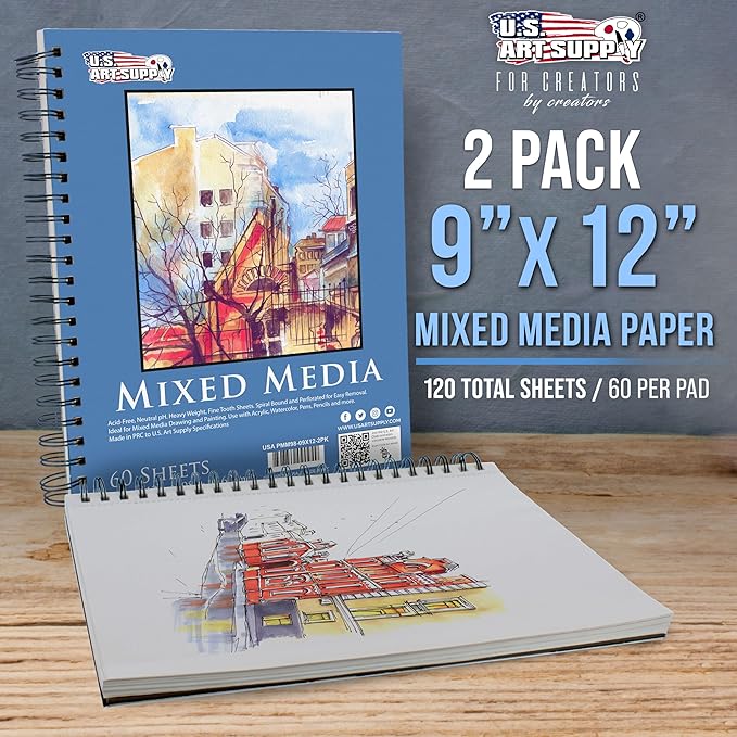 U.S. Art Supply 9"x12" Mixed Media Sketchbook, 2 Pack (60 Sheets), 98 lb (160 GSM) - Spiral-Bound Pad with Perforated Acid-Free Paper - Artist Sketch Book for Drawing, Painting, Watercolor