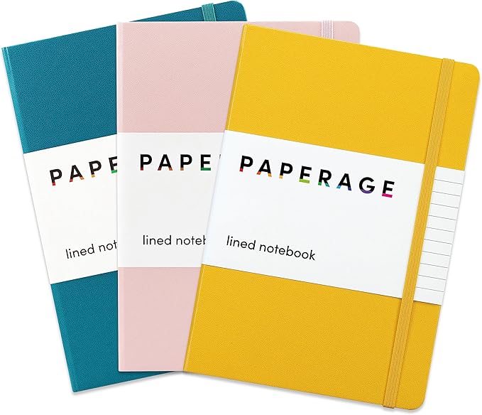 PAPERAGE Lined Journal Notebook, 3 Pack, (Yellow, Blush, Turquoise), 160 Pages, Medium 5.6 in x 8 in - 100 GSM Thick Paper – Hardcover Journaling Notebook for Work, School & Note Taking