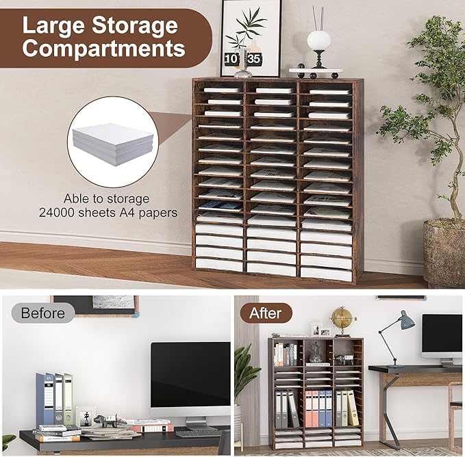 EasyPAG Wooden Literature Organizer with Adjustable Shelves, 48 Compartments Office Paper Organizer Storage 24000 Sheets Letter Size Paper, Student Mailbox for Classroom, Archaize
