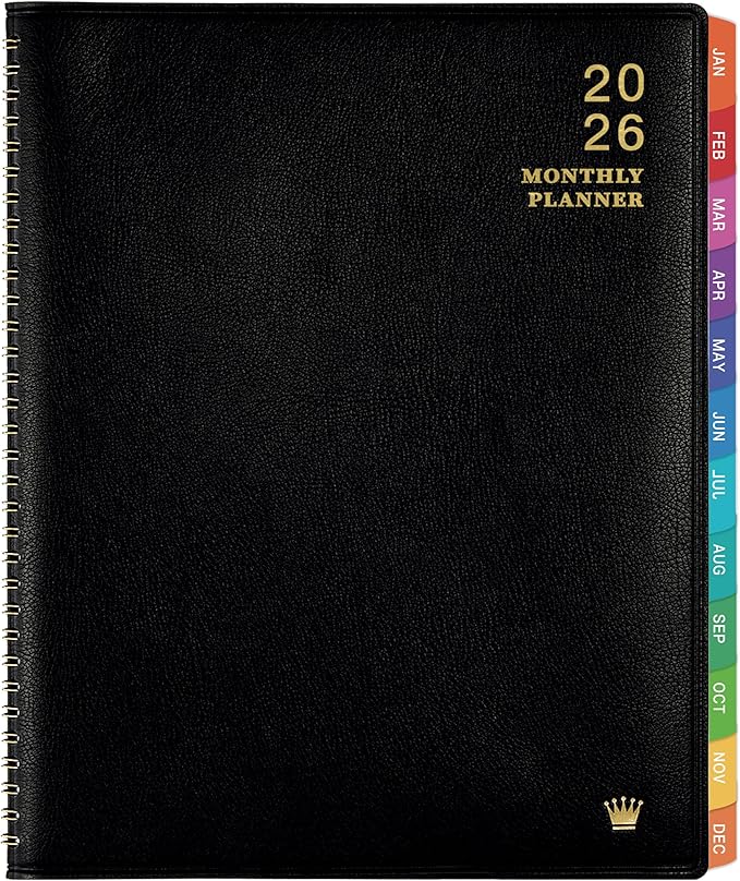 2026 Monthly Planner/Calendar - Jan 2026 - Dec 2026, Monthly Planner 2026, 12 Months, Faux Leather, 8.86" x 11.4", 15 Notes Pages, Strong Twin - Wire Binding, Tabs, Perfect Organizer - Black