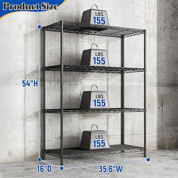 DurayLoly 4- Shelf Metal Shelving Unit Adjustable Storage Shelves Heavy Duty Garage Shelving Steel Wire Shelving for Laundry Bathroom Kitchen Pantry Closet Garage Black, 35.6Wx16Dx54H