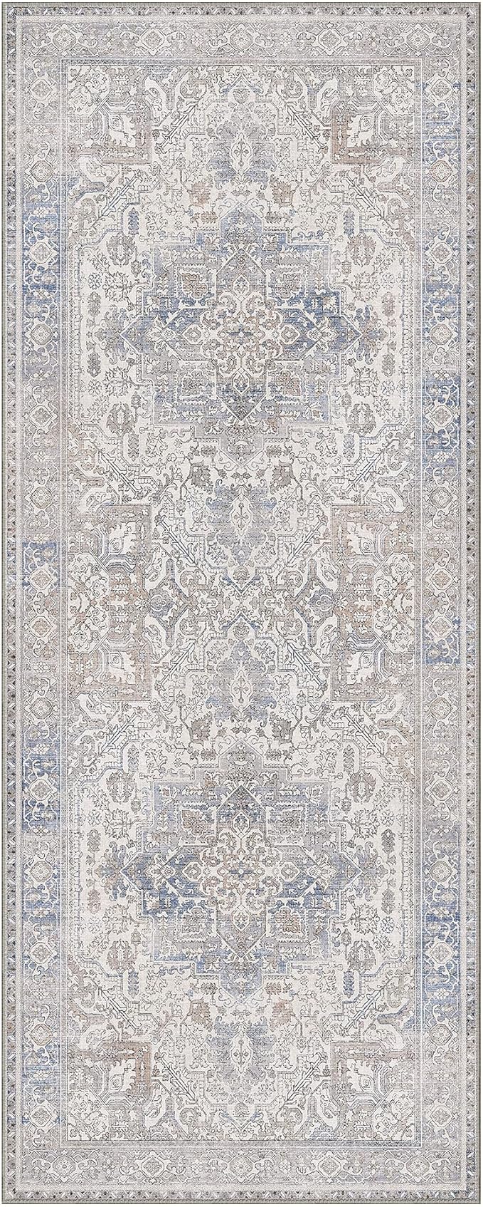 GENIMO 2'6"x8 Runner Rugs for Hallway, Machine Washable Non Slip Vintage Retro Rugs, Low Pile Lightweight Thin Print Rug for enrtyway, Corridor, Home Office, Kitchen, Khaki Blue