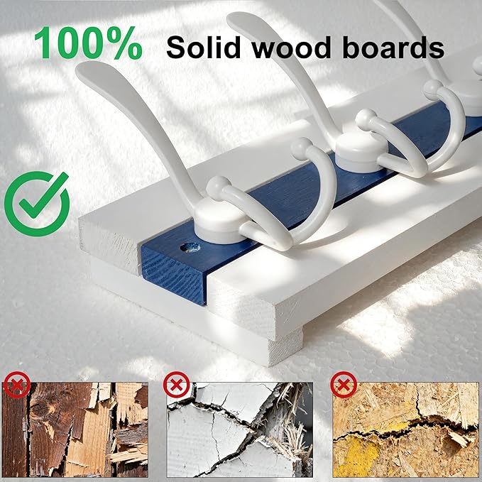 SKOLOO Coastal Wall Mounted Coat Rack - 16-7/8" Beach House Entryway Wooden Coat Hook with 5 Hooks for Hanging Coats, Hats or Towels, Oceanfront Cottage Core Collection, White & Blue