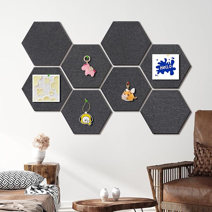 Fwpelt 12'' Large Hexagon Cork-Bulletin Boards for Walls, Self-Adhesive Modern Corkboard, Frameless Felt Pinboard, Prayer-Vision Pin Board for Office, Pack of 8 Hex Cork Tiles with 30 Pushpins