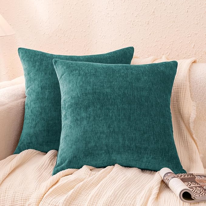 Amazon Basics Chenille Throw Pillow Covers, Home Decor Cushion Cover for Bedroom Living Room Couch Bed, 20" W × 20" L, Deep Teal