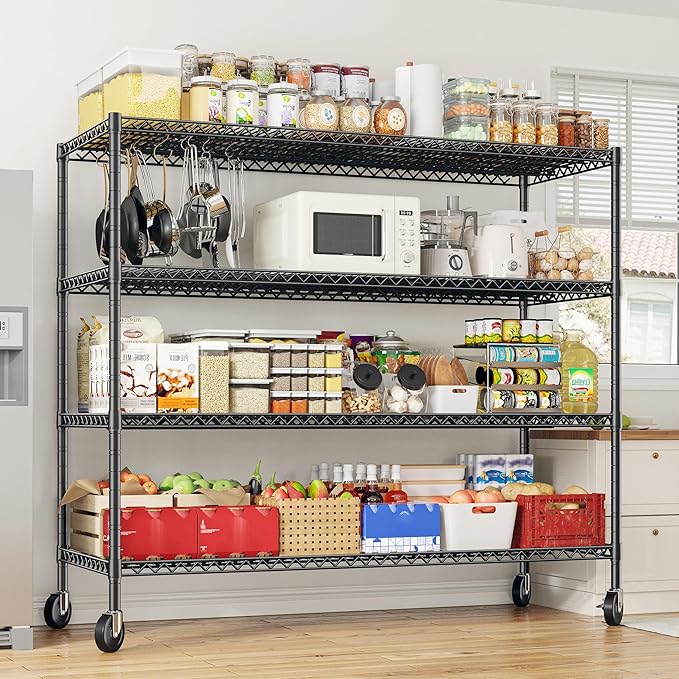 REIBII Set of 2 Storage Shelves Metal Shelving with Wheels,Adjustable Wire Shelving Rack 75.6" H Heavy Duty Garage Shelving Unit for Kitchen Pantry,Commercial Industrial Shelving for Garage 2PCS