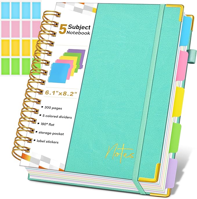 Spiral Notebook Journal with Removable Dividers Tabs, 300 Pages Hardcover Leather 5 Subject College Ruled Notebook, 6.1"x8.2" Large A5 Lined Journal for Women Men Spiral Notebook for Work School,Teal