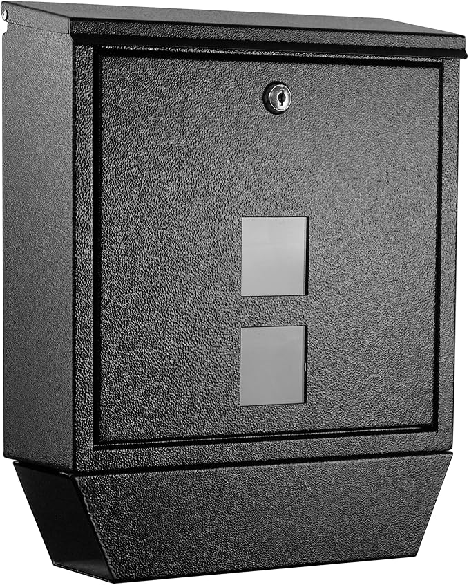 POCHAR Wall Mount Mailbox with Lock - Rainproof Galvanized Steel Locking Mailbox for Outside with Newspaper Compartment - Modern Mail Box for Residential or Commercial Use, Black