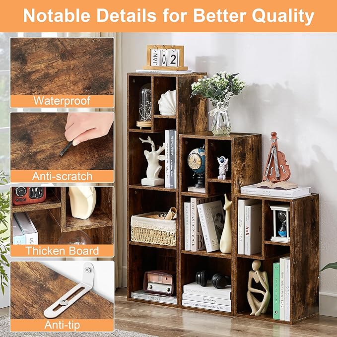 VECELO Narrow Bookshelf Set, Fits 9.3" × 10-12.8" Hardcovers, Cube Storage Bookcases, Free-Standing for Living Room, Bedroom, Home Office, 2/3-Tier, 2-Pack, Brown