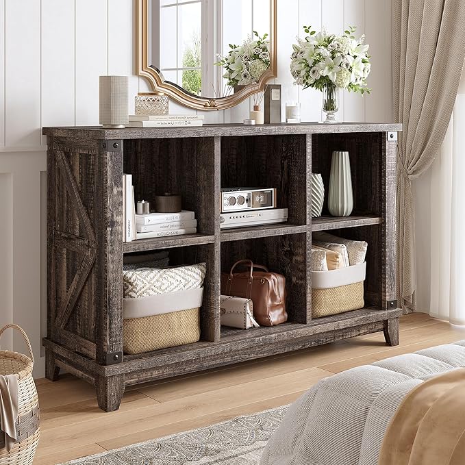 EnHomee 6 Cube Storage Organizer Bookshelf, Wood Cube Shelf Bookcase with Storage, Bookshelf for Living Room and Bedroom,Black Oak