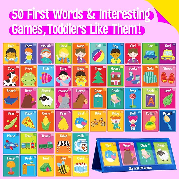 Word Building Desktop Pocket Chart, 48 CVC Words & 50 First Words, Double-Sided Tent Word Builder, Vocabulary Learning Flashcards Set for Kindergarten Reading and Spelling