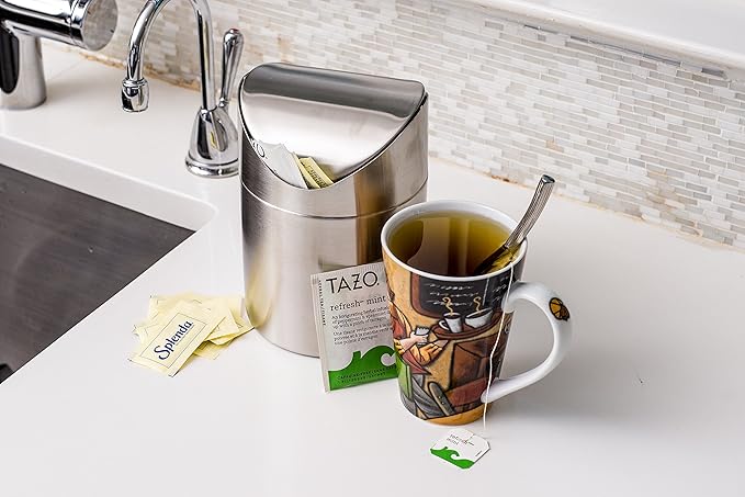 Estilo Mini Countertop Trash Can | Brushed Stainless Steel, Swing Top Lid Trash Bin, Silver 1.5 L / 0.40 Gallon | Kitchen Countertop, Bedroom, Bathroom, Home Office, Desktop, Table Top Trash Can