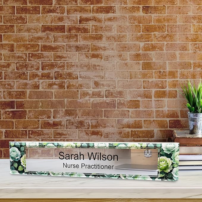 Signs ByLITA Floral Pattern Customized Nameplate | Sage Rose Personalized Full Color Acrylic Desk Sign
