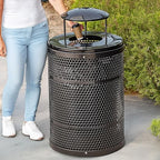 Zedfire 32 Gallon Perforated Waste Bin with Rain Bonnet Lid, Steel Outdoor Heavy-Duty Commercial Trash Can, Round Recycle Container, Durable Garbage Can for Parks, Municipalities, Parking, Schools