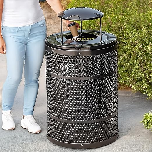 Zedfire 32 Gallon Perforated Waste Bin with Rain Bonnet Lid, Steel Outdoor Heavy-Duty Commercial Trash Can, Round Recycle Container, Durable Garbage Can for Parks, Municipalities, Parking, Schools