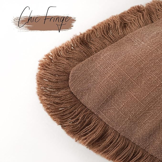 Foindtower Set of 2 Decorative Linen Fringe Throw Pillow Covers Cozy Boho Farmhouse Cushion Cover with Tassels Soft Accent Pillowcase for Couch Sofa Bed Living Room Home Decor, 24×24 Inch, Rust