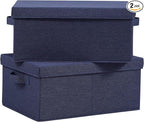 HOONEX Foldable Storage Bins with Lids, Pack of 2, Storage Boxes with 2 Carrying Handles and Heavy Cardboard, 16.5" L x 11.8" W x 7.5" H for Shoes, Clothes, Blue