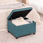 Decent Home 24" Storage Ottoman, Fabric Ottoman Foot Rest Stool with Hinged Lid, Tufted Rectangle Upholstered Footstool, Load Up to 350 lb, for Living Room, Bedroom, Dorm, Teal Blue