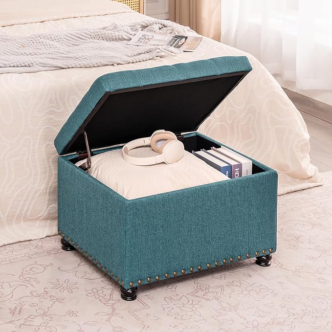 Decent Home 24" Storage Ottoman, Fabric Ottoman Foot Rest Stool with Hinged Lid, Tufted Rectangle Upholstered Footstool, Load Up to 350 lb, for Living Room, Bedroom, Dorm, Teal Blue