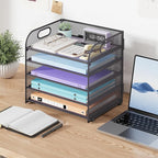 Cawukege 5 Tier Paper Organizer with Handle, Metal Mesh Desk Organizer File Folder Paper Letter Tray Desktop Document Sorter for Classroom, School, Office Accessories Organization and Storage - Grey
