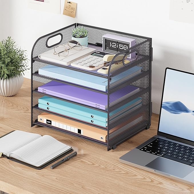 Cawukege 5 Tier Paper Organizer with Handle, Metal Mesh Desk Organizer File Folder Paper Letter Tray Desktop Document Sorter for Classroom, School, Office Accessories Organization and Storage - Grey