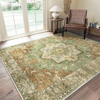 GENIMO 5x7 Area Rugs for Living Room, Machine Washable Rug, Non Slip Indoor Vintage Rug, Low Pile Lightweight Chenille Print Carpet for Bedroom Dining Room Home Office, Muted Green Brown