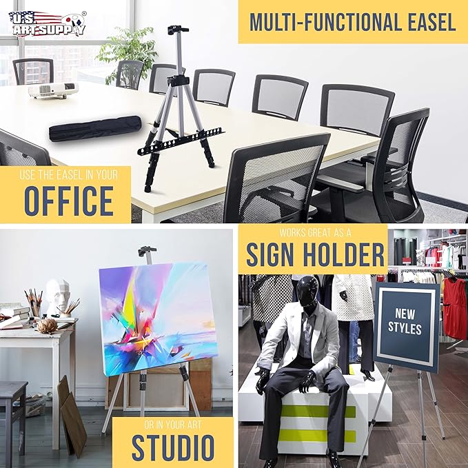 U.S. Art Supply 66" Silver Metal Tripod Easel Display (2 Pack) - Adjustable 18"- 5.5', Holds 36" Canvas - Floor/Tabletop Easel Stand, for Sign Display, Painting, Poster Board, Canvas - Portable Bag