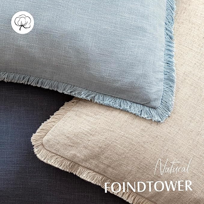 Foindtower Set of 2 Decorative Linen Fringe Throw Pillow Covers Boho Farmhouse Cushion Cover with Tassels Soft Accent Pillowcase for Couch Chair Sofa Bed Living Room Home Decor,18×18 Inch,Sky Blue