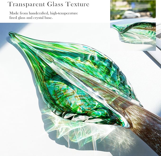 QFkris Blown Glass Tree of Life Leaf Sculpture for Home Decor, 12inch Hand Blown Glass Art Decorative Statue for Book Shelf Living Room Office Desk Home Decoration Accents Collectible Figurines