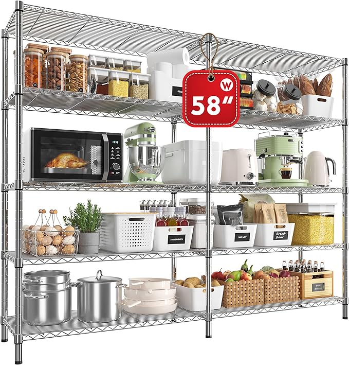 REIBII 58" W Storage Shelves Wire Shelving 1400LB Metal Shelves for 5 Tier Shelving Unit with Shelf Adjustable Garage Shelving Rack for Pantry Kitchen Garage, 58" W x 59" H x 13.8" D, Chrome