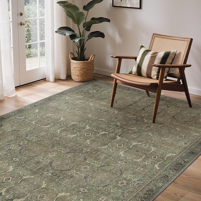 GENIMO 9x12 Area Rugs for Living Room, Machine Washable Non Slip Vintage Rugs, Low Pile Lightweight Chenille Print Rug for Bedroom, Dining Room, Home Office, Muted Green