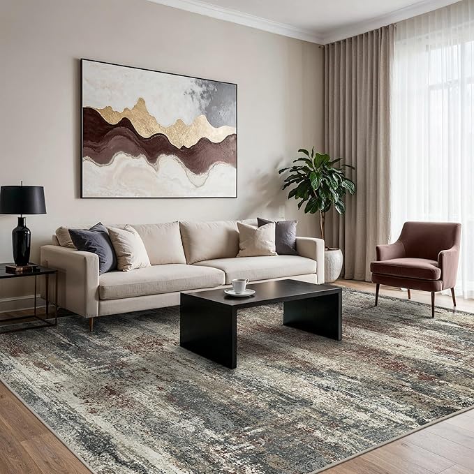 GENIMO 8x10 Area Rugs, Machine Washable Rugs for Living Room Low Pile, Modern Gray Rug with Non-Slip Rubber Backing, Soft Pet Friendly Carpet for Bedroom, Dining Room, Office, Mystic Forest