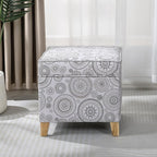 Adeco 17" Square Ottoman with Storage, Small Mandala-Persian Flower Pattern Storage Ottoman Foot Rest with Hinged Lid & Solid Wood Legs, Linen Fabric Foot Stool for Living Room & Bedroom