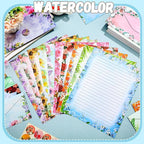TaoBary 160 Pcs Stationery Paper Set 50 Double Sided Stationery Papers with 50 Matching Envelopes and 60 Round Dot Sticker, 10 Design(Flower,8.5 x 11 Inch)