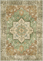 GENIMO 5x7 Area Rugs for Living Room, Machine Washable Rug, Non Slip Indoor Vintage Rug, Low Pile Lightweight Chenille Print Carpet for Bedroom Dining Room Home Office, Muted Green Brown